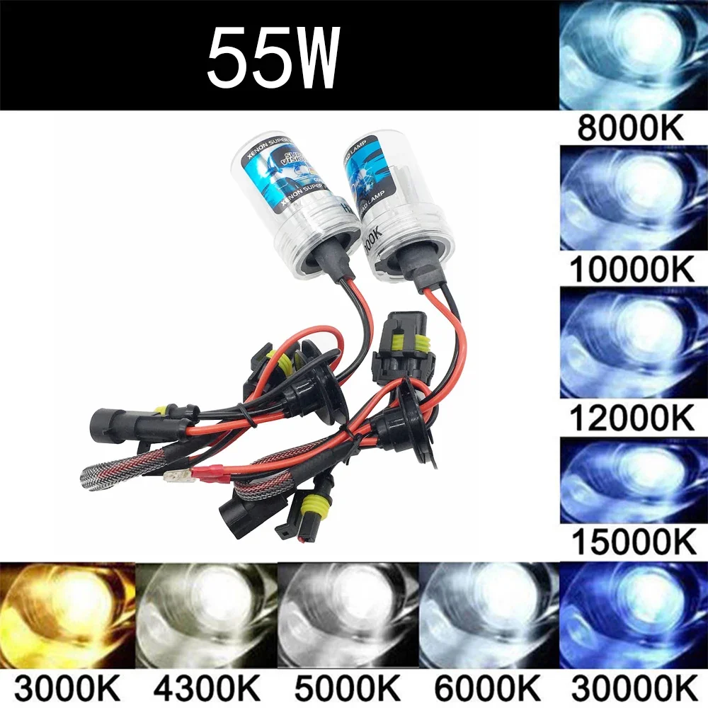 

2pcs 55W HID xenon kit with bulbs (H1, H3, H7, H11, 880, 9005, 9006). 3000K, 4300K, 6000K, 8000K options. 12V car headlights.