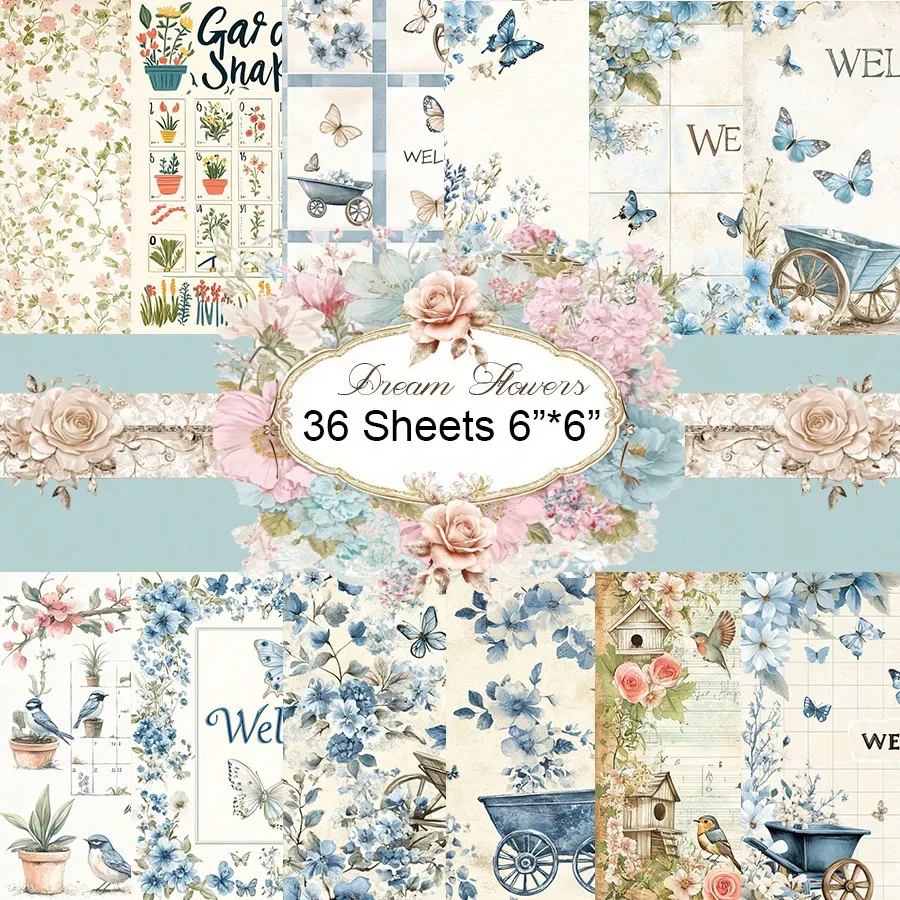 36 ورقة ألوان مائية زرقاء حديقة قصاصات ورقية حزمة ، القرطاسية خمر الفن الحرفية نمط سكرابوكينغ ورقة لمجلة غير المرغوب فيه