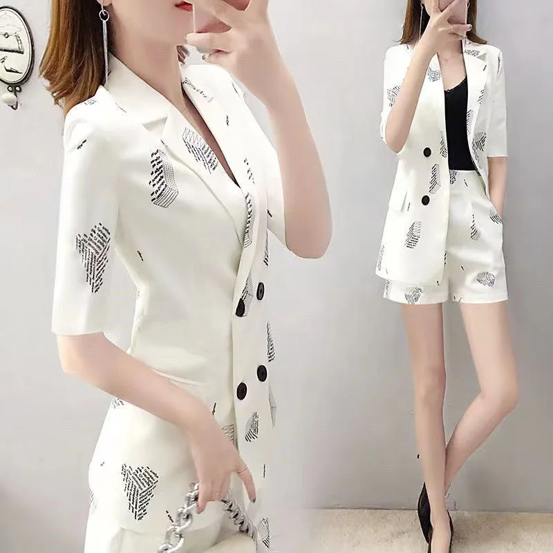 Women\'s Suit 2022 Summer New Fashion Korean Style White Clothes Pattern Printed Jacket Coat Top Shorts 2 Two Piece Set For Women