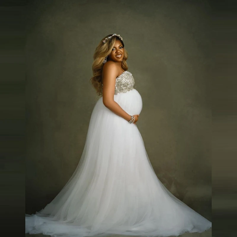 

Elegant White Tulle Appliques A Line Pregnancy Dresses Strapless Puffy Mesh Long Maternity Gowns For Photography Baby Shower Gow