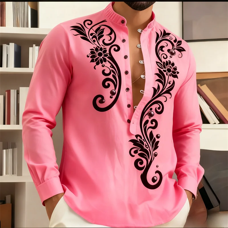 

Men's Mandarin Collar Long Sleeve Shirt White Slim Fit Black Floral Embroidery Dress Shirt for Party Wedding Middle East Style F