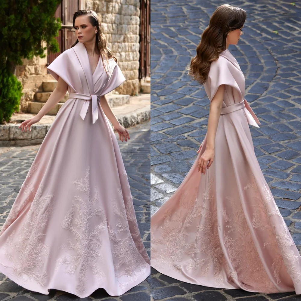 

Customized Temperament Light Purple Satin Evening Dress Exquisite V-Neck Short Sleeves Belt Beading Special Occasion Gowns