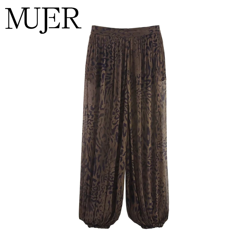 MUJER الحيوان طباعة السراويل الفضفاضة امرأة مطوي منتصف الخصر السراويل النسائية بالون بنطال ذو قصة أرجل واسعة للنساء شبه شير امرأة بنطلون