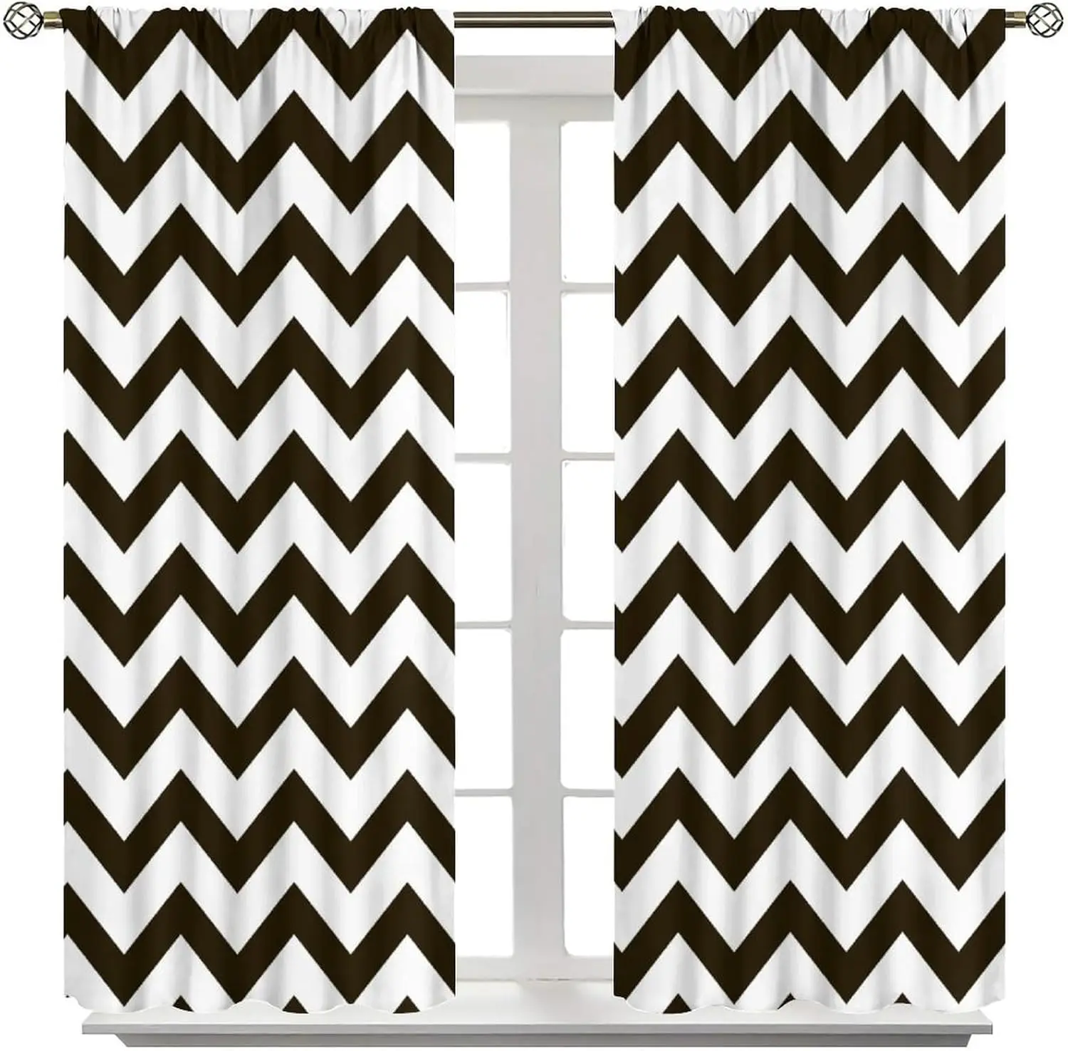 Brown White Chevron Curtain 2 Panels Classic Zigzag Wave Print Simple Neutral Style Bedroom Minimalist Modern Home Curtains