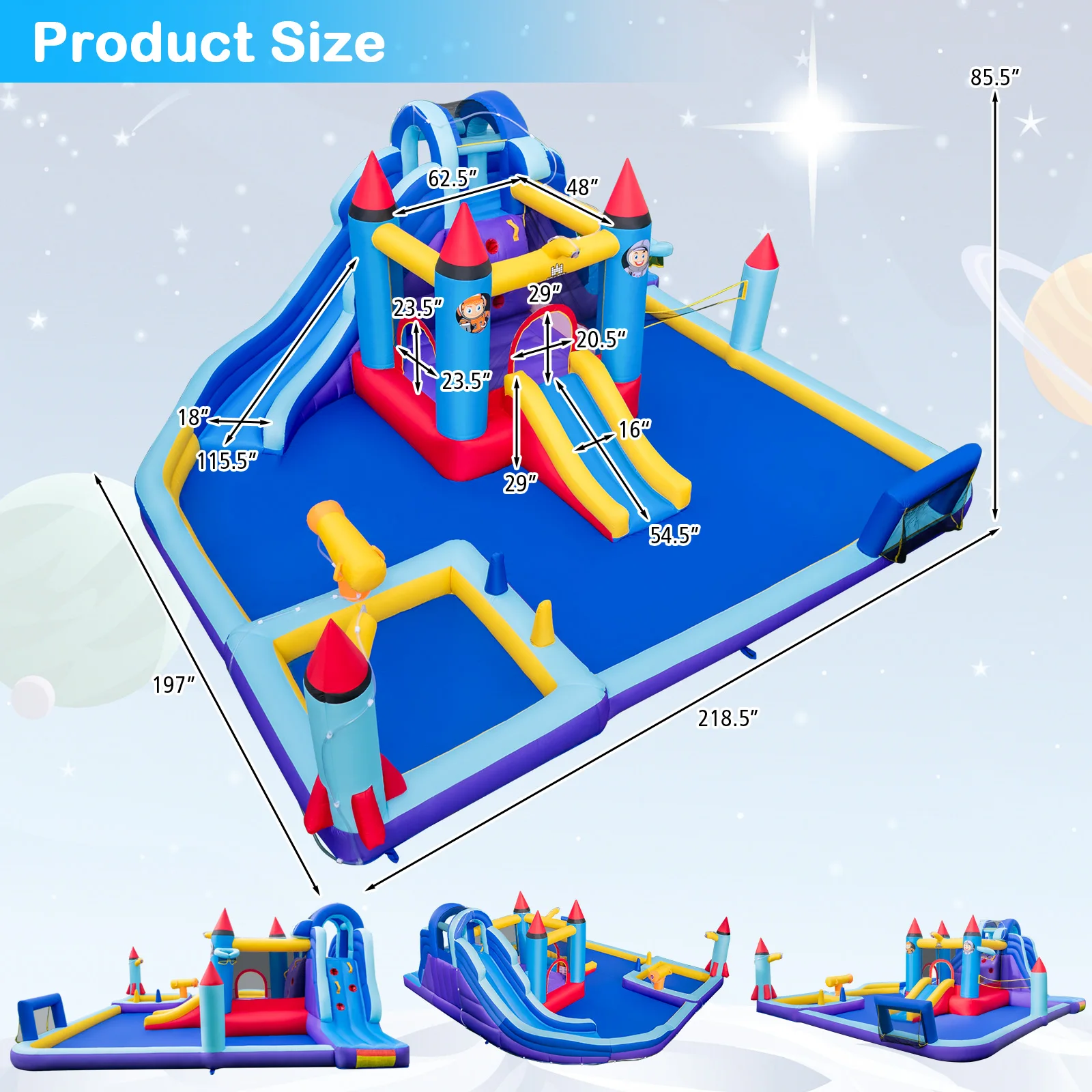 Tobogán acuático inflable con 2 toboganes para piscina, parque con tema de cohete, soplador de 1100w