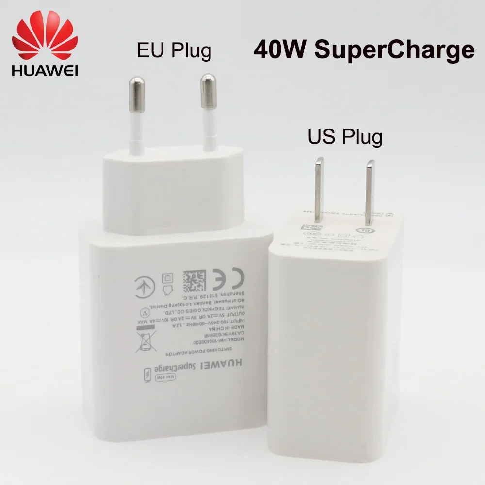 Huawei Super Charge 40W Quick Charger 10V 4A  EU US Adapter 5A Type C Cable For P30 P40 Pro Mate 20 30 Pro Nova 5 6 7 pro Magic