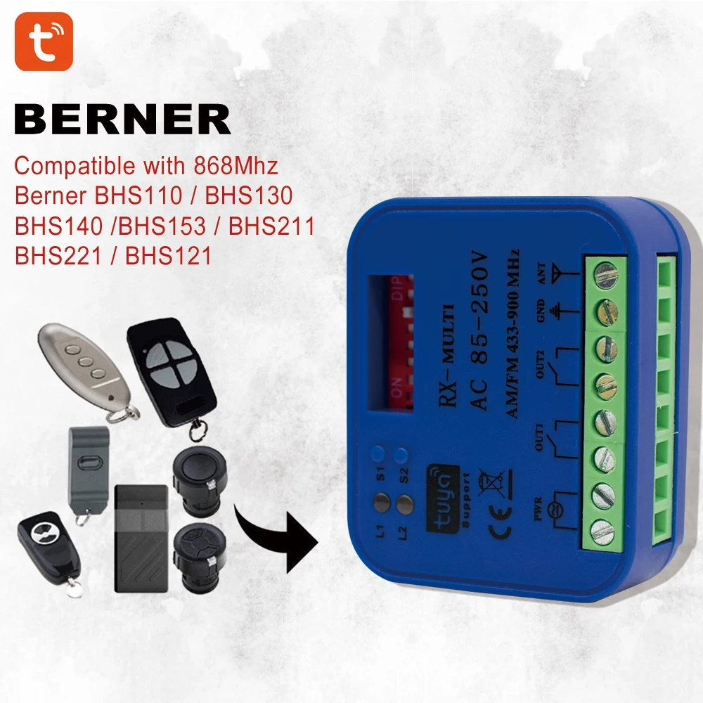 For BERNER BHS140 BHS110 BHS121 BHS130 BHS153 BHS211 RX-MULTI Tuya WiFi Smart Garage Remote Control 9V-30V 85-250V 2CH Receiver