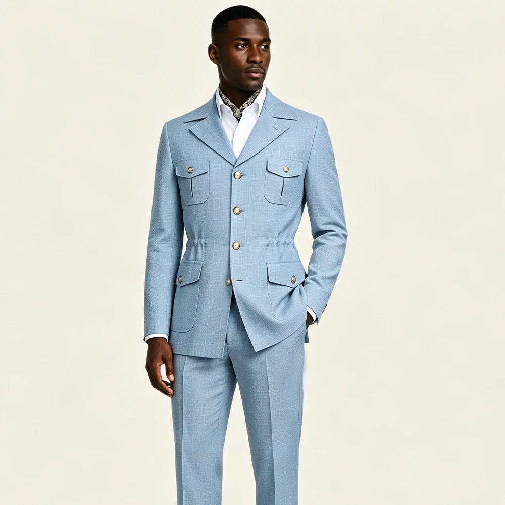 Sky Blue Casual Men's Suits Safari Suit Set with Multi Pockets Vintage Hunting Outfits Formal Business Jacket+Pants Customized