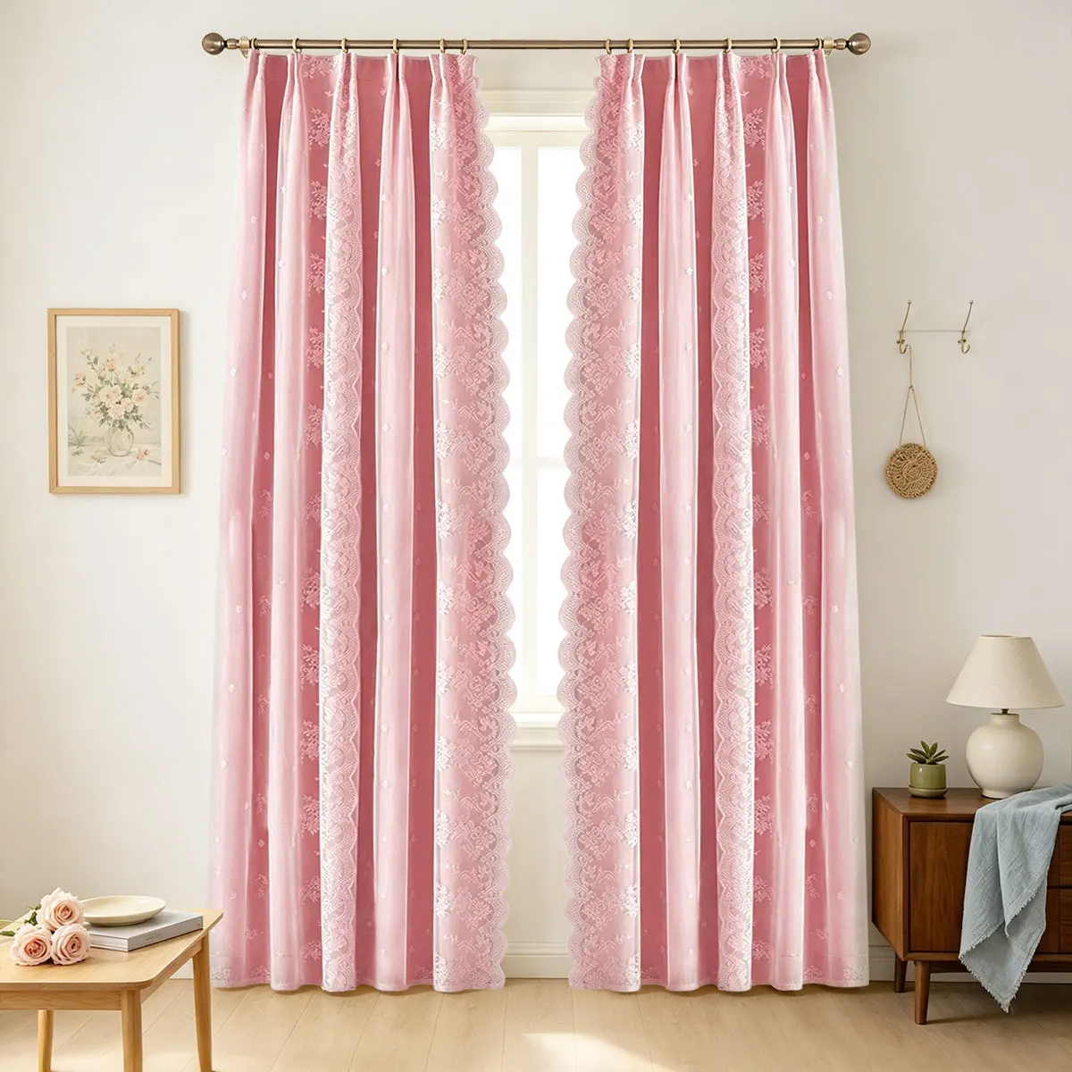 Pink Double Layer Curtains 2 Panels, Four Prong Hook, Floral Lace Sheer Overlay, Scalloped Edge Window Drape for Bedroom