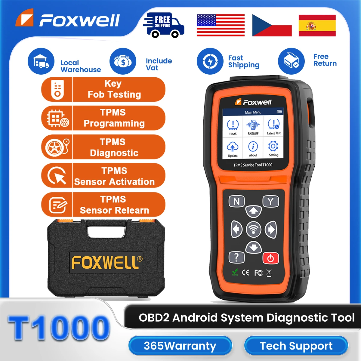 FOXWELL T1000 OBD2 Automotive Tire Pressure Detector TPMS Sensors Programming Activate Check RF Key Test Diagnostic Tool