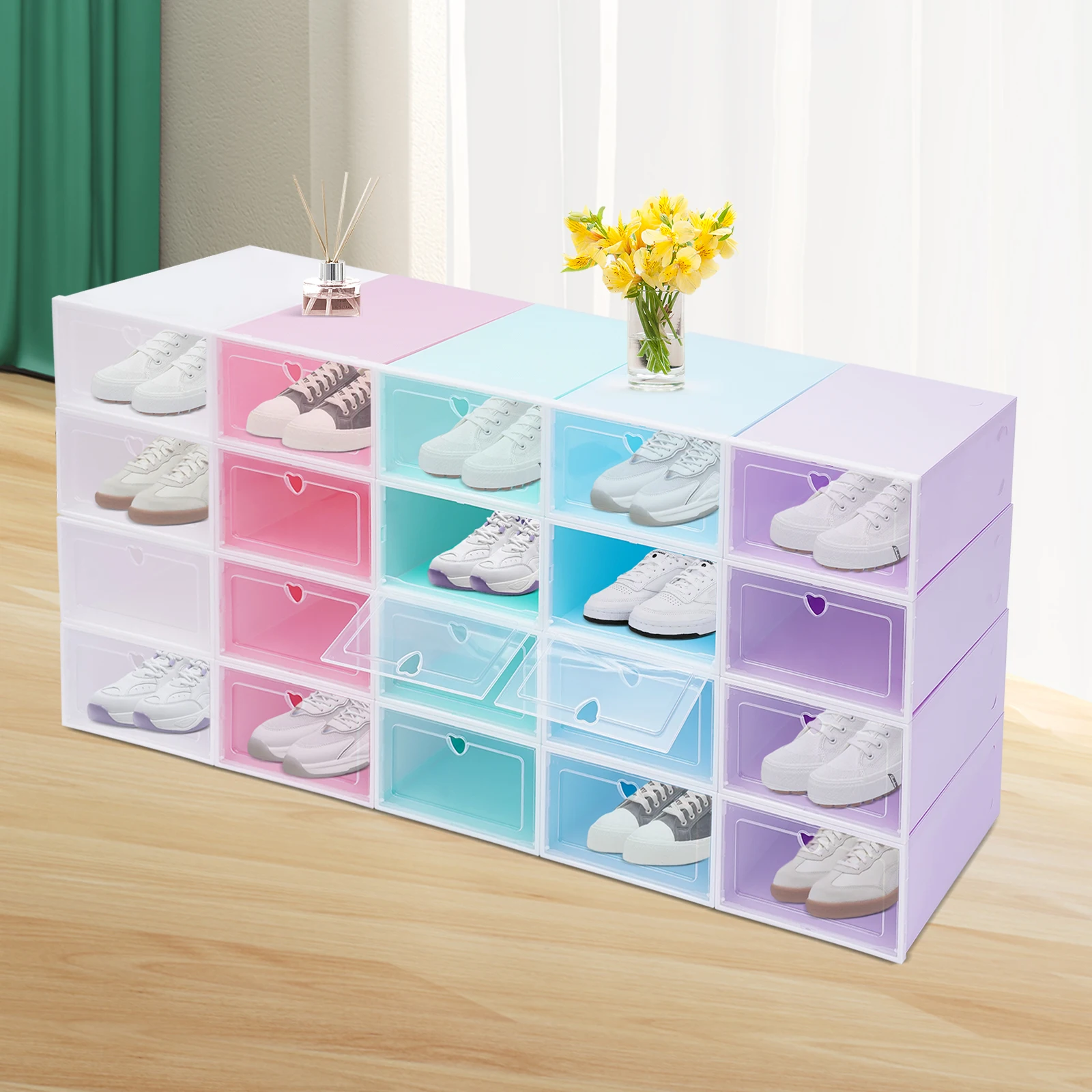 (20) Multicolor Clear Shoe Storage Boxes Flip Plastic Stackable Sneaker Holder Organizer Box