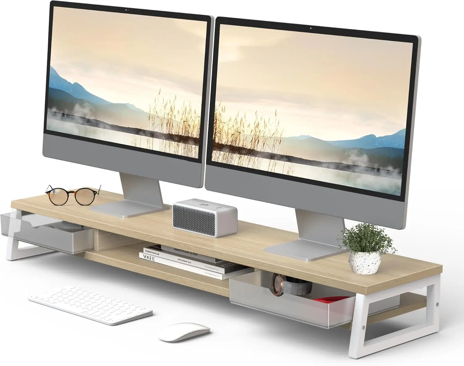

Dual Monitor Stand, Monitor Riser with Drawer, 42.5 Inch Large Computer Monitor Stand for 2 Monitors, 2 Tier Wooden Desk Shel