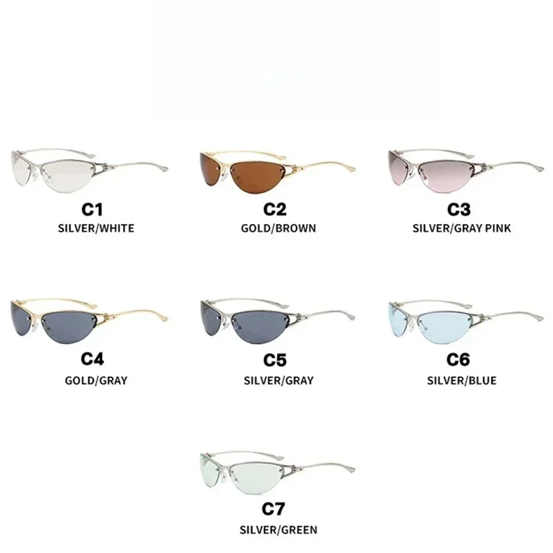 Neue silberne Y2K Metall-Cat-Eye-Sonnenbrille für Damen, modische Halbrahmen-Sonnenbrille mit klaren, getönten Gläsern, UV400, trendige Sonnenbrille für Herren, UV400 – Detail 5