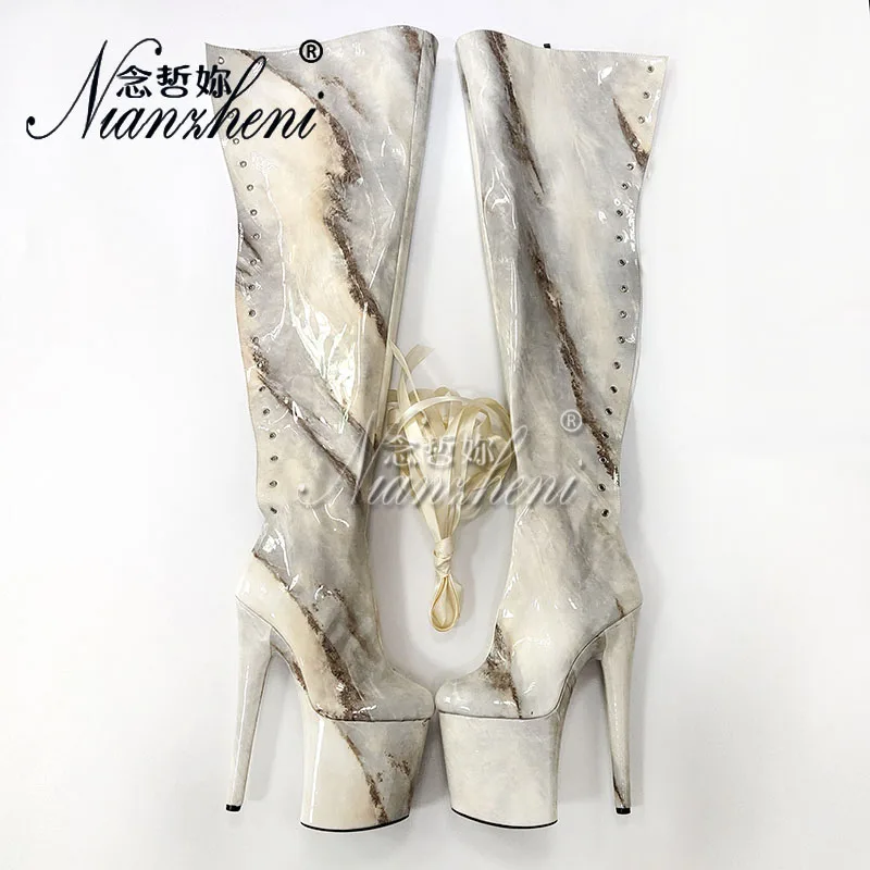 20cm Novelty Women's Pole Dance Shoes marble pattern 8Inch Women's Sexy Over The Knee Boots Catwalk Gothic Nightclub High Heels