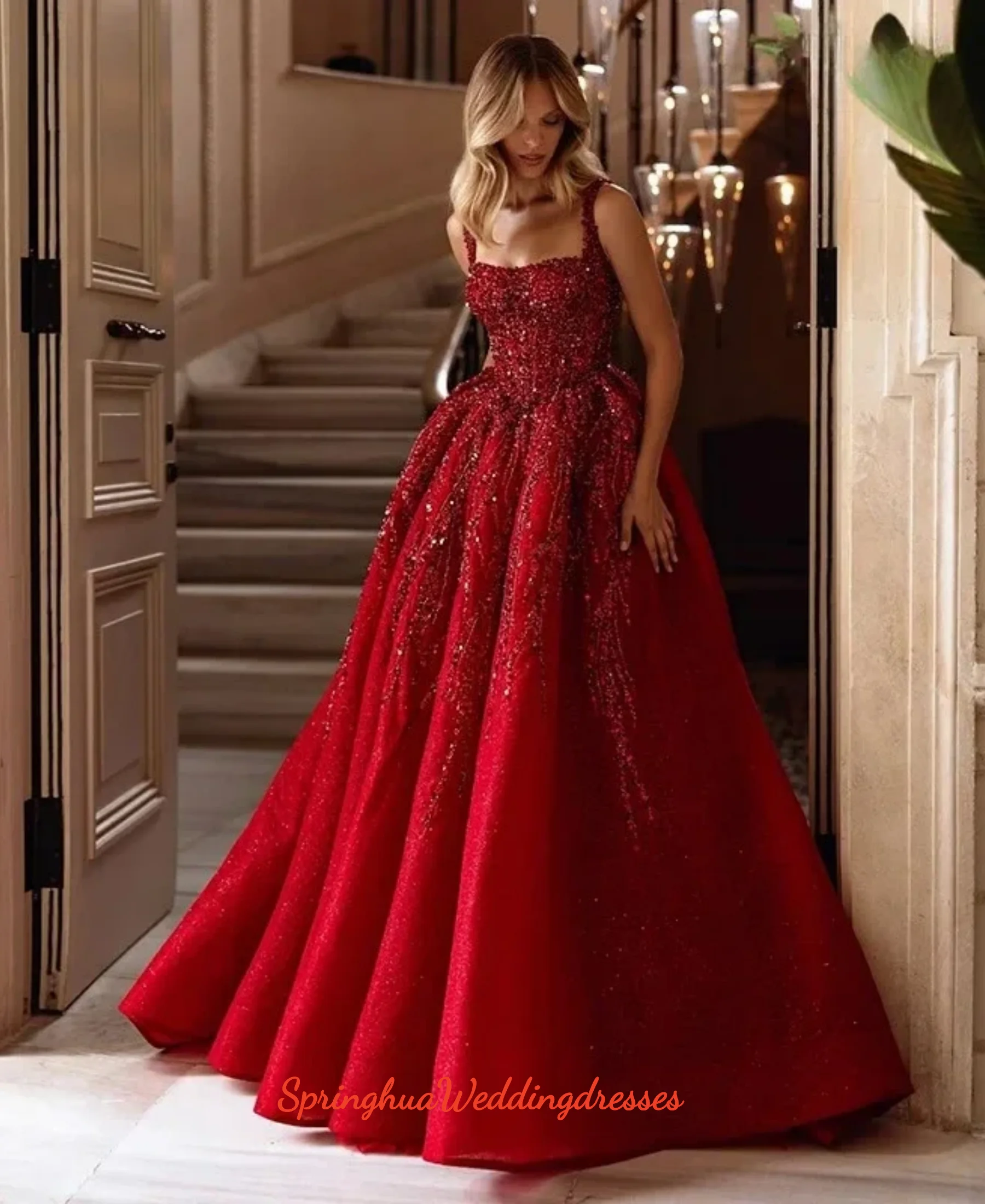 Customized Luxury A-Line Red Prom Dress Backless Party Gowns Sweetheart Side Split Floor-Length Evening Dress Vestidos De Novia
