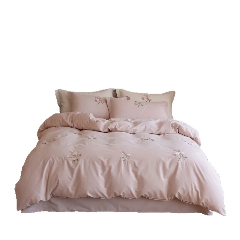 girl heart French long-staple cotton polished four-piece set of flower embroidery thickened pure cotton niche bedding powder