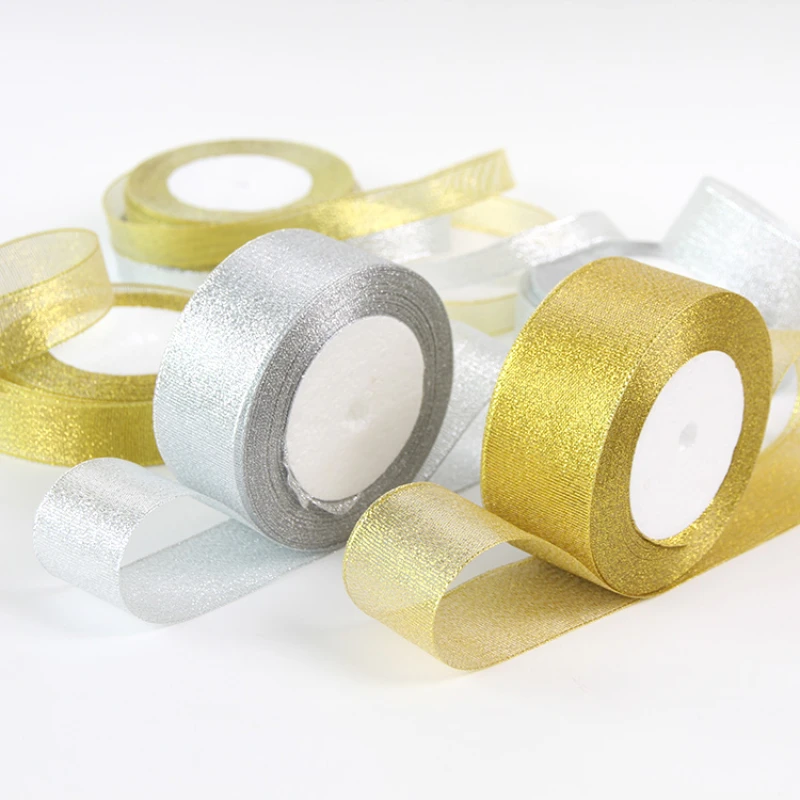 Nastro di cipolla in Organza oro/argento 25 Yards/roll Ribbons3-6-10-12-15-20-25-3.8-5mm per la decorazione del regalo della torta nuziale natale