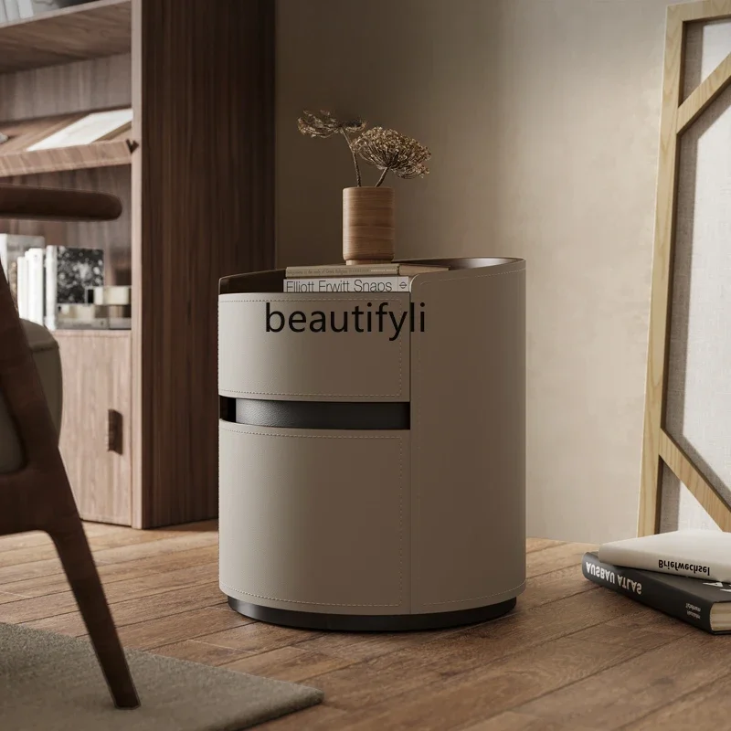 

Italian Minimalist Saddle Leather Round Bedside Designer Large and Small Apartment Bedroom Storage Solid Wood Bedside Cabinet