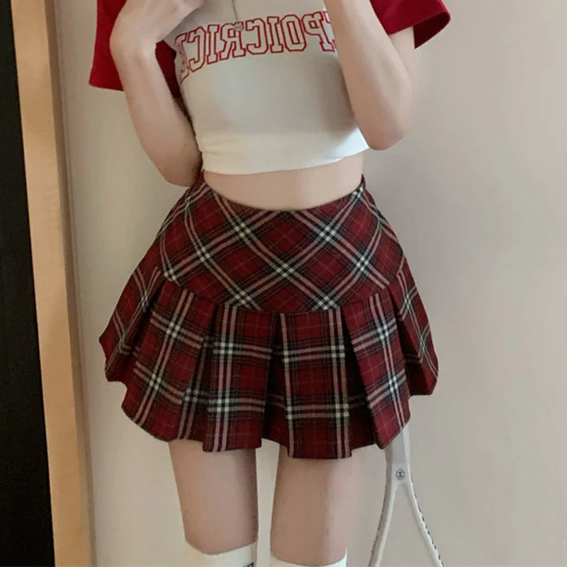 

Preppy Plaid Pleated Mini Skirt Women Red Harajuku Kawaii Streetwear Skirt Korean Vintage High Waist Patchwork A-Line Skirt