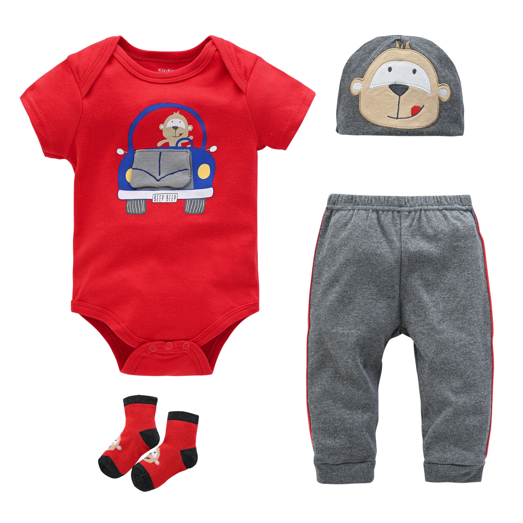 4 Pieces Baby Boys Clothing Cartoon Printing Baby Boys Romper+Pant+Socks+Hat Gift Set 100% Cotton Kids Outfit