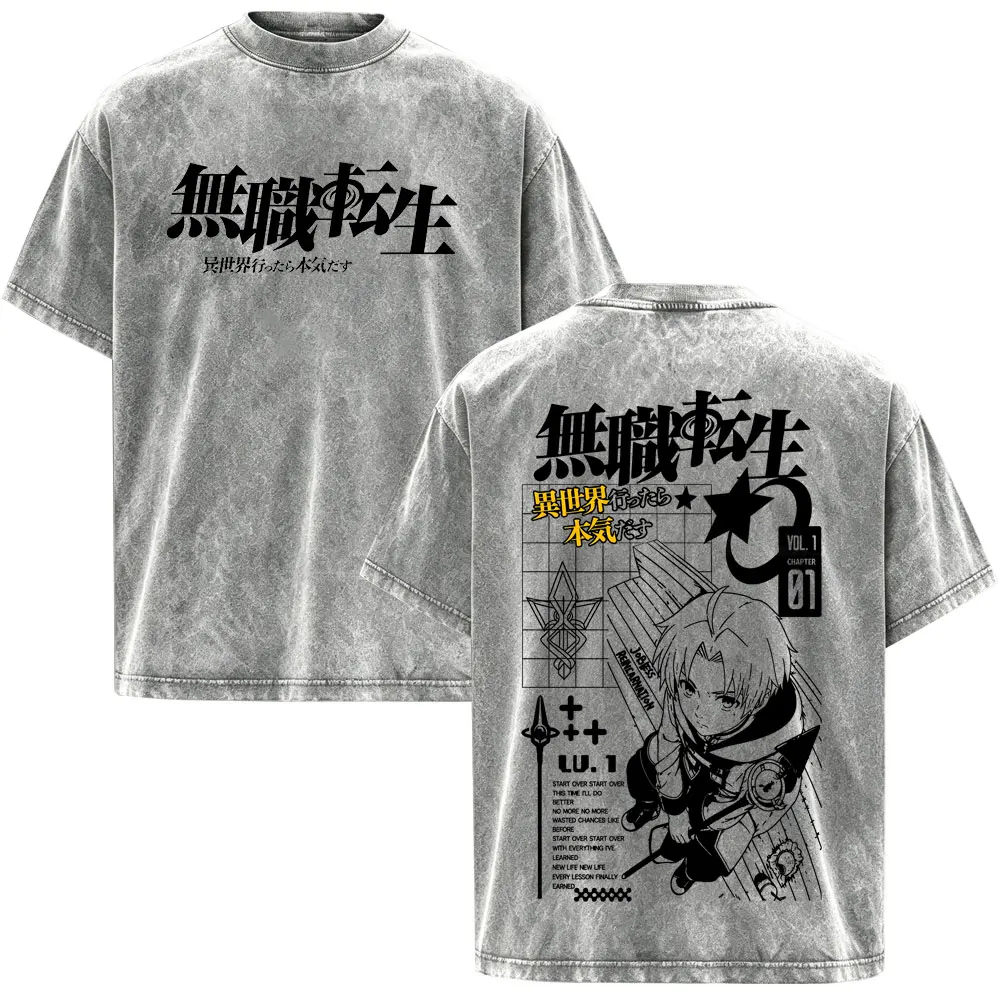 Mushoku Tensei Jobless Reincarnation Double Sided Print T-shirt Vintage Washed Rudeus Greyrat Anime Fashion Short Sleeve T Shirt