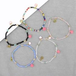 New Korean Colorful Crystal Pink Flowers Heart Fashion Shiny Stone Beads Handmade Elastic Rope Strand Bracelets Women Jewelry