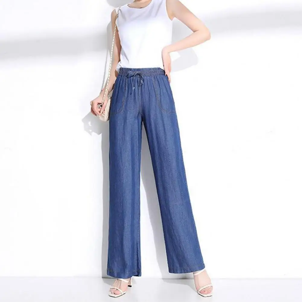 

Women Jeans Stylish Women's Drawstring Wide Leg Jeans with Elastic Waist Multi Pockets Casual Solid Color Straight Leg for Daily