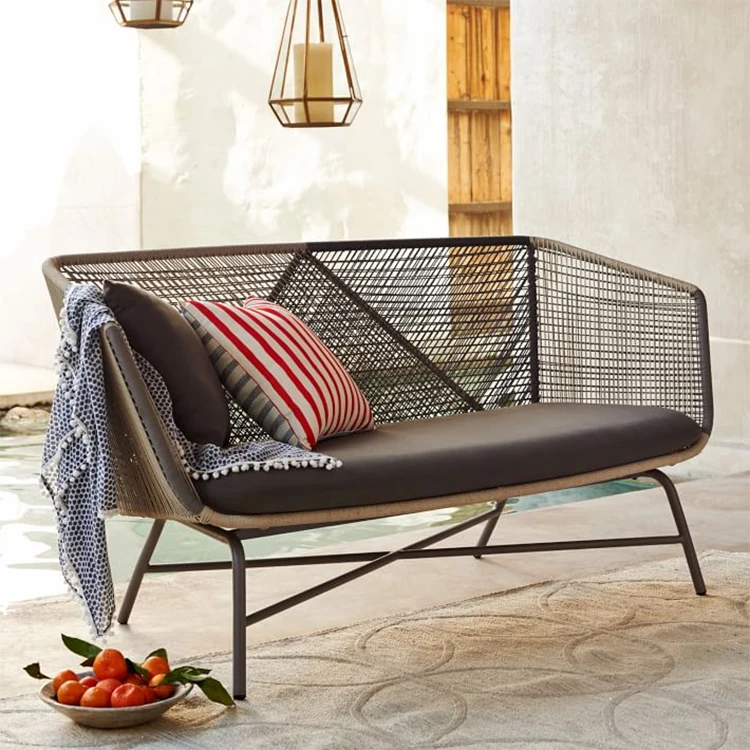 Modern outdoor rattan metal frame high back double sofa with braided rope