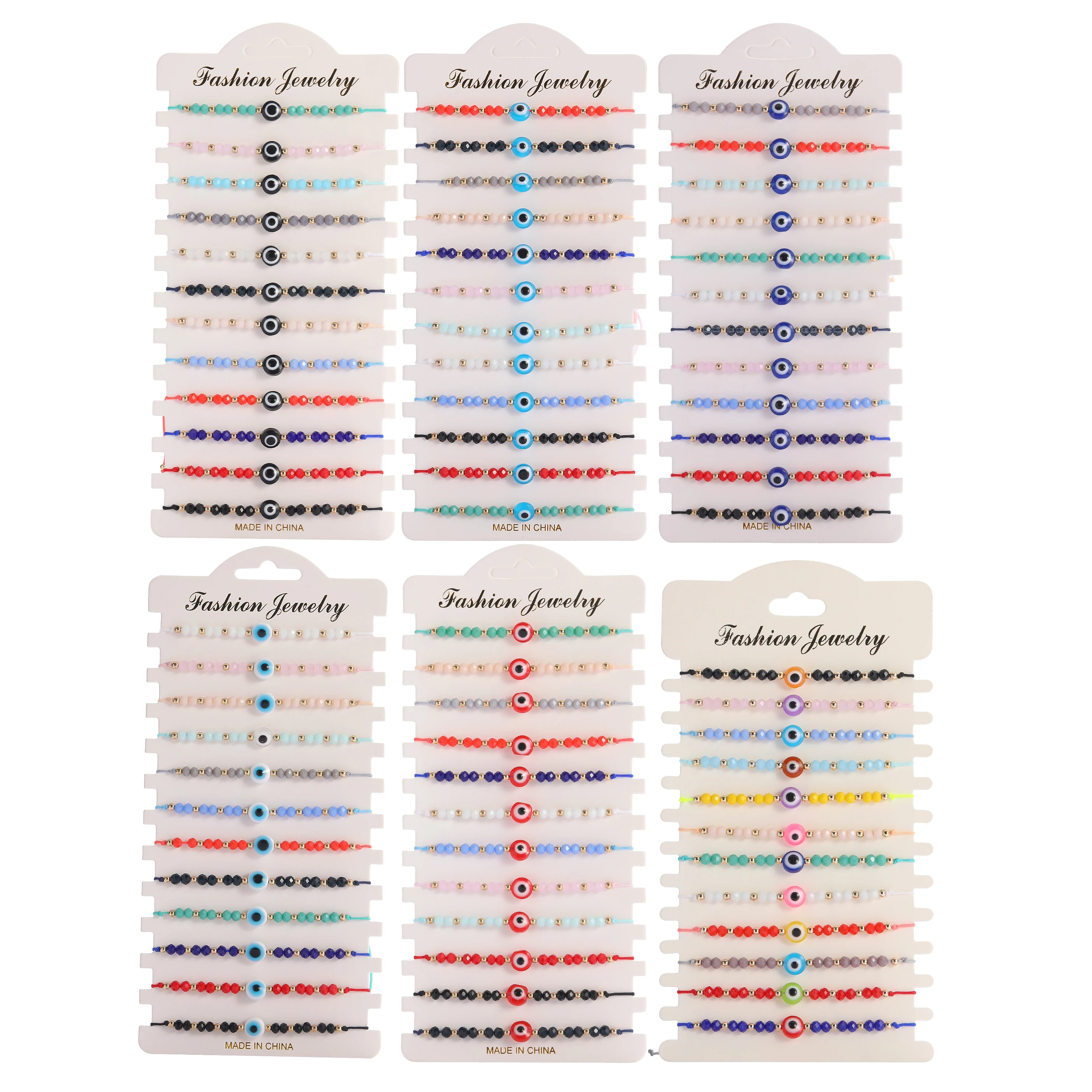 12pcs/Set Wholesale Glass Crystal Round Evil Eye Lucky Bracelet Women Hot Fashion Summer Beach String Braided Jewelry Present