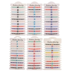 12pcs/Set Wholesale Glass Crystal Round Evil Eye Lucky Bracelet Women Hot Fashion Summer Beach String Braided Jewelry Present