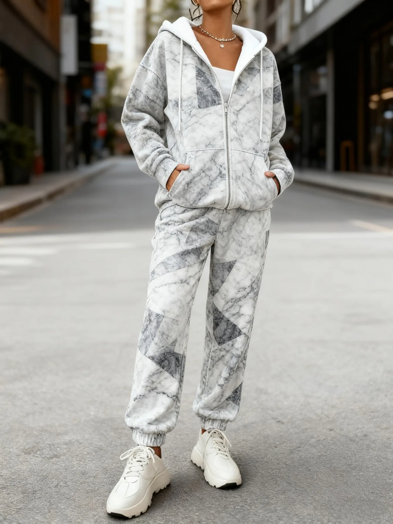 Conjunto de Pantalones y Chaqueta de Punto con Cierre para Mujer, Otoño/Invierno, con Estampados 3D para Calidez, Ropa Casual y Moderna de Calle