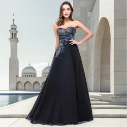 BABYONLINE Elegant Black A Line Chiffon Peacock Embroidery Evening Dresses Sweetheart Long Formal Party Prom Gowns Vestido