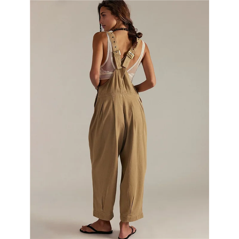 A09P femme ample décontracté côté sans manches Denim réglable barboteuse combinaison avec poches Bronze S