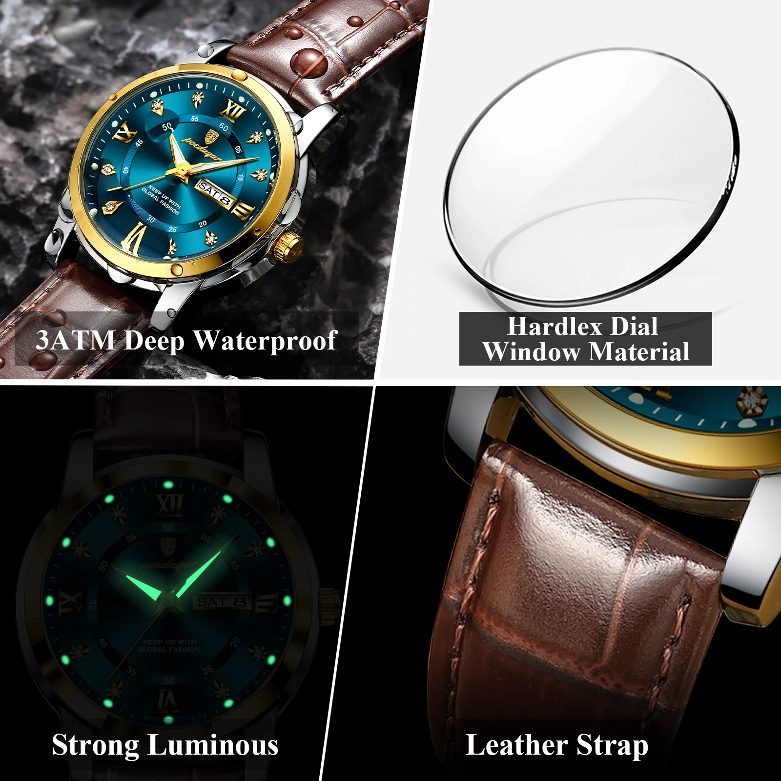 POEDAGAR-Reloj de pulsera de cuero para hombre, cronógrafo deportivo de cuarzo, luminoso, resistente al agua, con fecha y semana