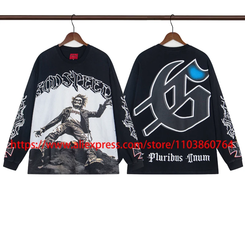 

Europe America Fashion Hip-hop Rock Roll Print GOD SPEED Long Sleeve Washed Do Old Retro Men Women Casual Godspeed T-shirts Tops