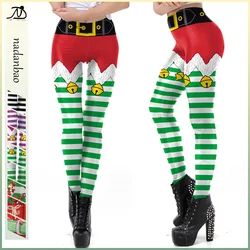 Nadanbao Christmas Funny Holiday Party Pants Women Green Stripe Printing Leggings Female Mid Waist Elastic Tights Trousers