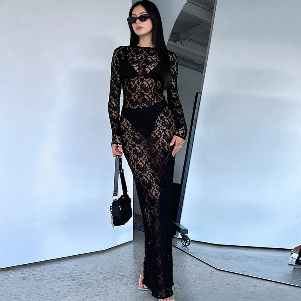 2026 Neues Spitzen-Maxikleid, Langärmliges Figurbetontes Sexy Musterkleid für Damen, Vintage Geburtstagsparty Abendkleid