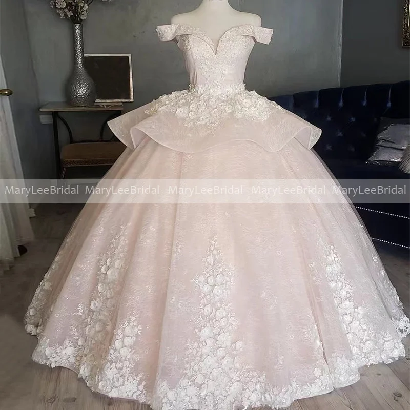 Erröten Rosa 2-Tier Quinceanera Kleider Weg Von der Schulter 3D Blume Glänzenden Pailletten Spitze Quitte Ballkleid Prinzessin Mädchen party Kleid