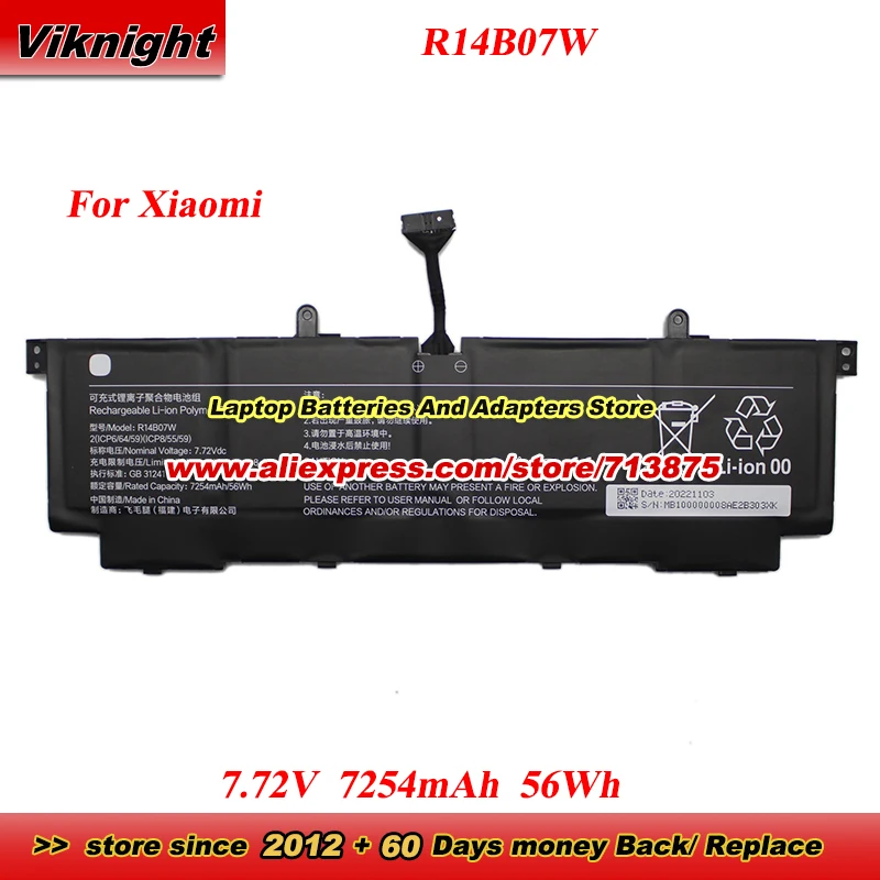 

New R14B07W Battery for Xiaomi Book Pro 14 2022 MIA2210-AD MIA2207-AI MIA2207-BI Li-Polymer Battery 7.72V 7254mAh 56Wh