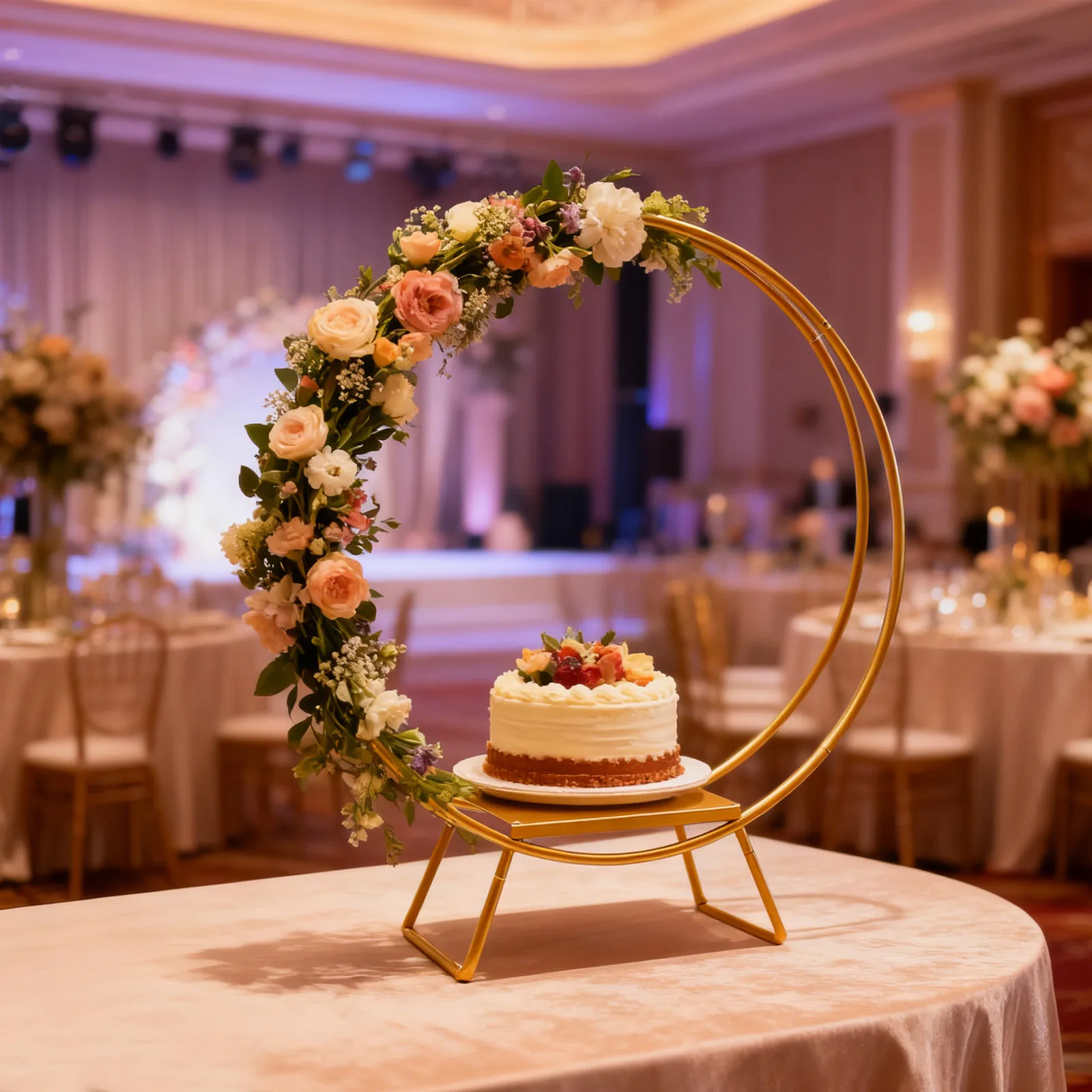 Support à gâteau de mariage rond de 80 cm, double cerceau, arche florale en fer, pour mariages, fêtes, anniversaires, Noël, doré, taille du panneau 30*20 cm