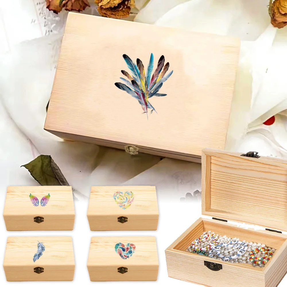 

Desktop Dustproof Wooden Storage Organizer Retro Wooden Storage Box Plain Decorate Wooden Case Feather Pattern