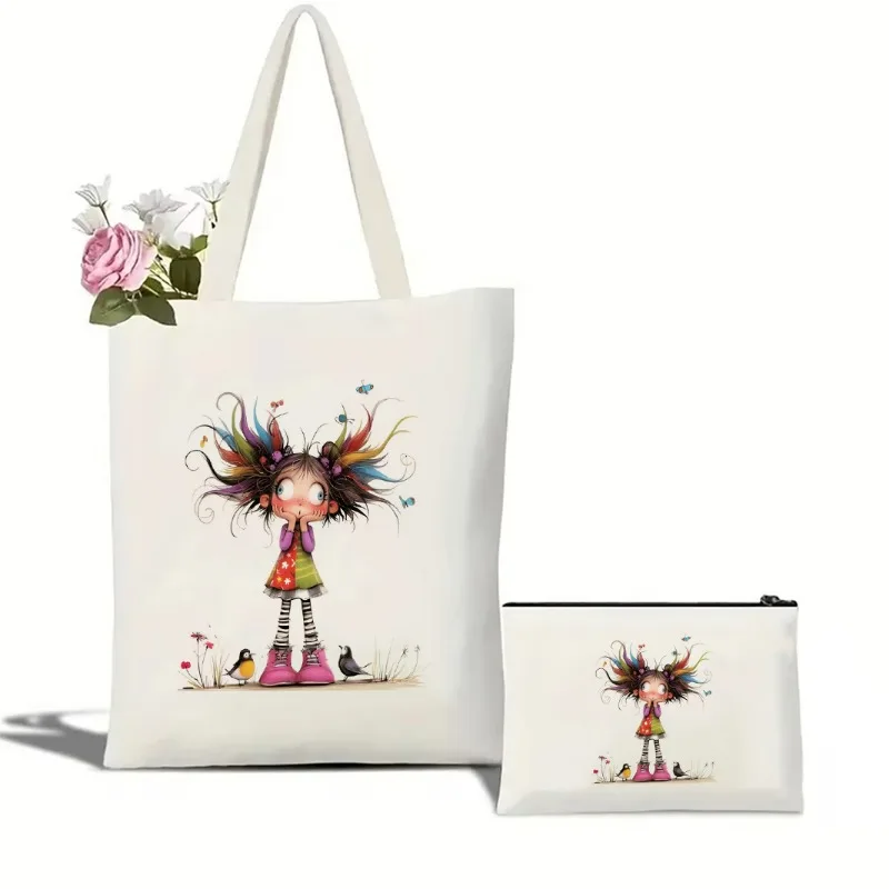 

Stylish and Durable Shoulder Bag Cute Quirky Girl Doll Pattern Canvas Tote Bag - for Everyday Use, Ideal for Trendy Fashionistas