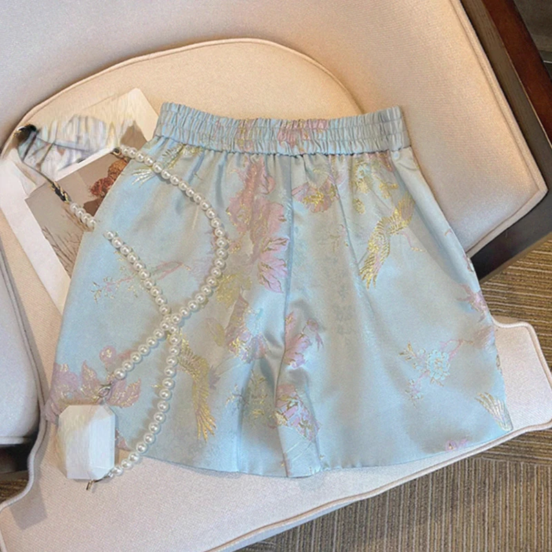 Summer Vintage Women Dobby Floral Colorful Wide Leg Shorts , Woman Casual Jacquard Flower Shorts