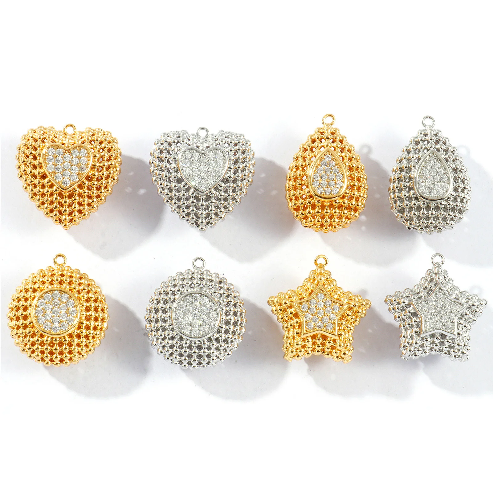 1 Piece Brass Charms Gold Plated 3D Clear Cubic Zirconia Heart Water Droplet Pentagram Round Pendants For DIY Necklace Making