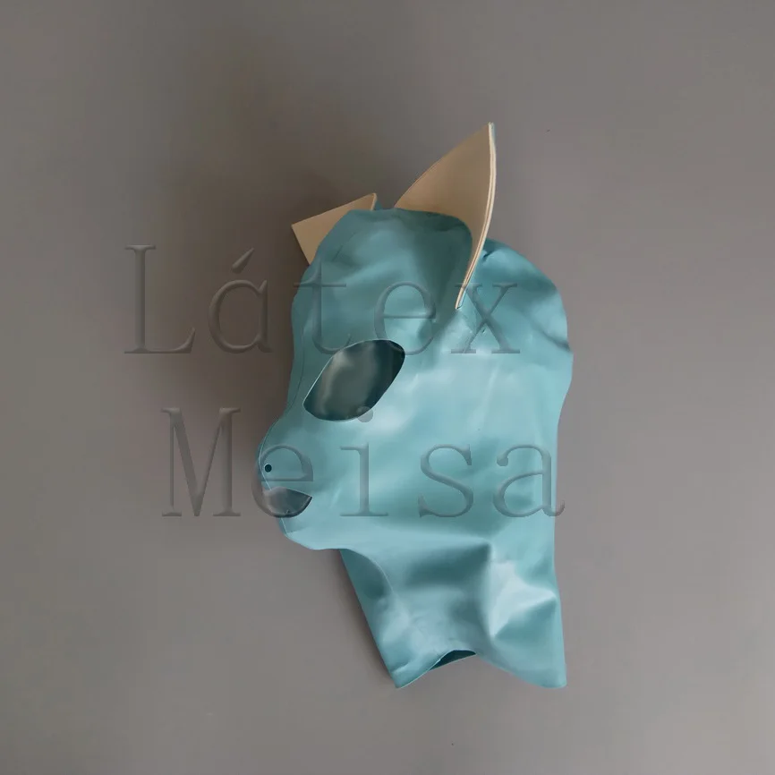 

Novelty sky blue animal cat design latex hood with ears and open eyes nostrils and mouth for women