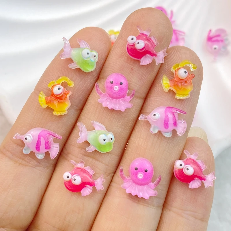 50Pcs New Cute Resin Mini Cartoon Ocean Series Octopus, Lantern Fish, Fish Flat Back Manicure Parts Embellishments For Hair Bows