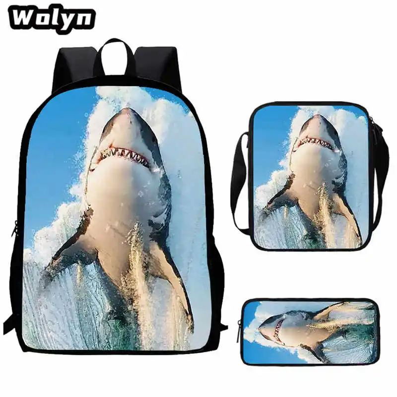 

3Pcs Set Shark Prints Mochila School bags with Shoulder Bag Pencil Bag,Animal Image Children Backpack Book Bag for Grade 1-4