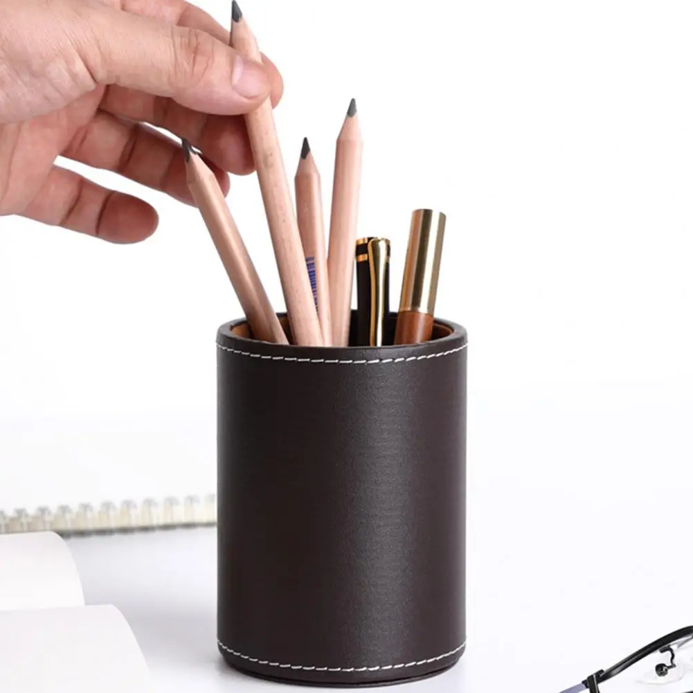 Useful Faux Leather Pen Container Wear Resistant All-Purpose Makeup Brush Pen Ruler Pencil Storage Jar Multipurpose