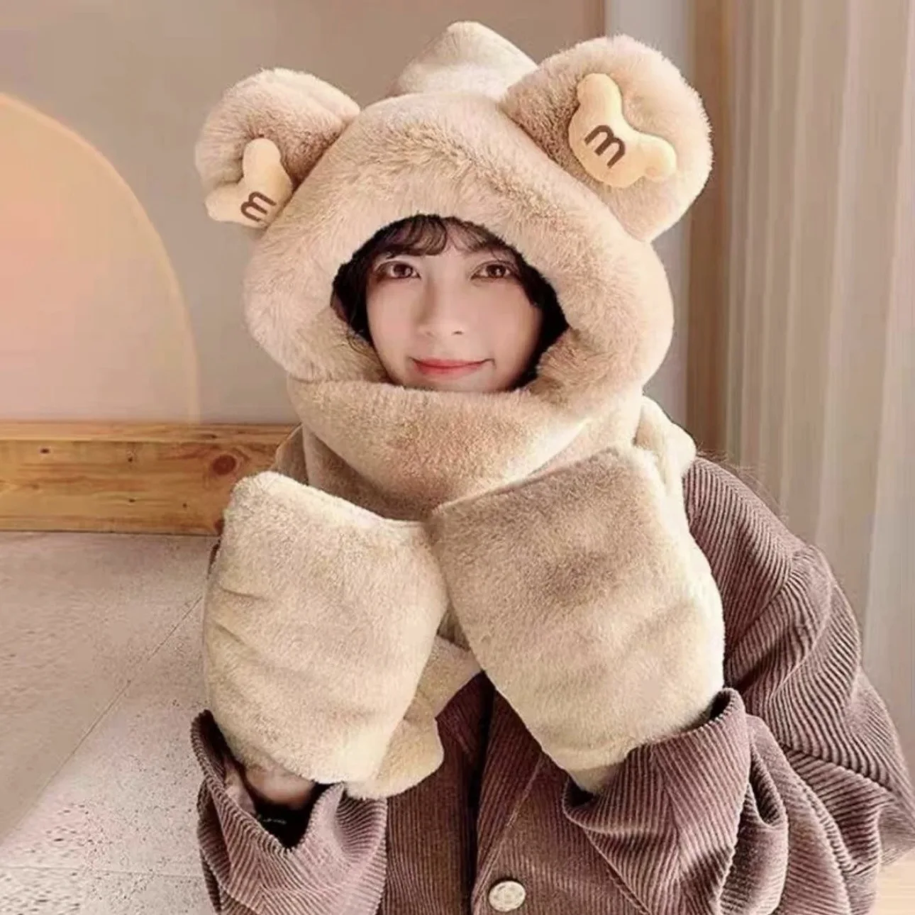 سميكة الدببة الضخمة الأذن دفئا قبعة وشاح قفازات مجموعة لطيف الحيوان نمط الخريف الشتاء الدافئة حماية قبعة ألياف البوليستر