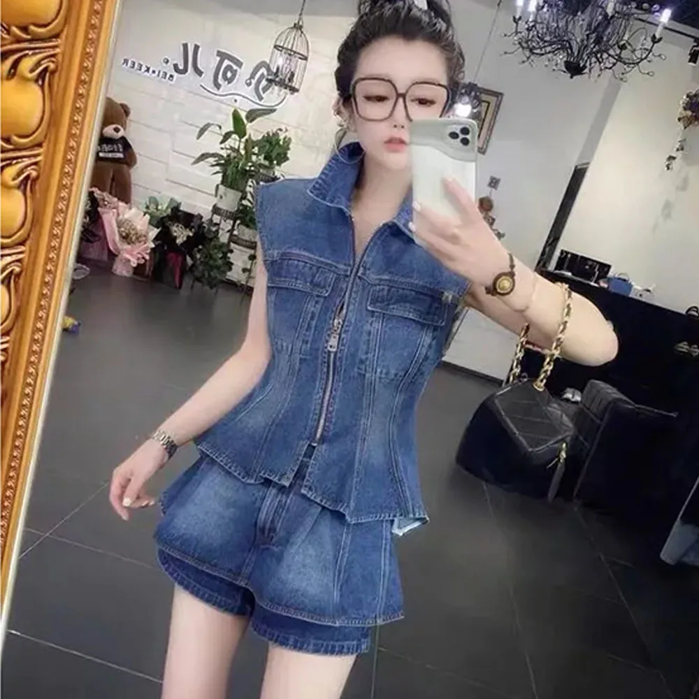 2024 Summer Sets For Women 2 Pieces Denim Sleeveless Zipper Vest Tops + Women\'s New Top + High Waist Ruffle Jean Shorts S-3XL